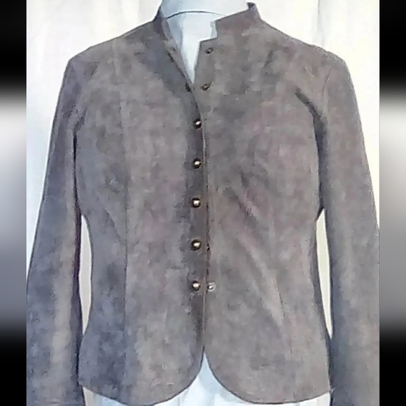 Large 80s Suede Leather Bomber Jacket Grey Brass Buttons VTG - Picture 1 of 3